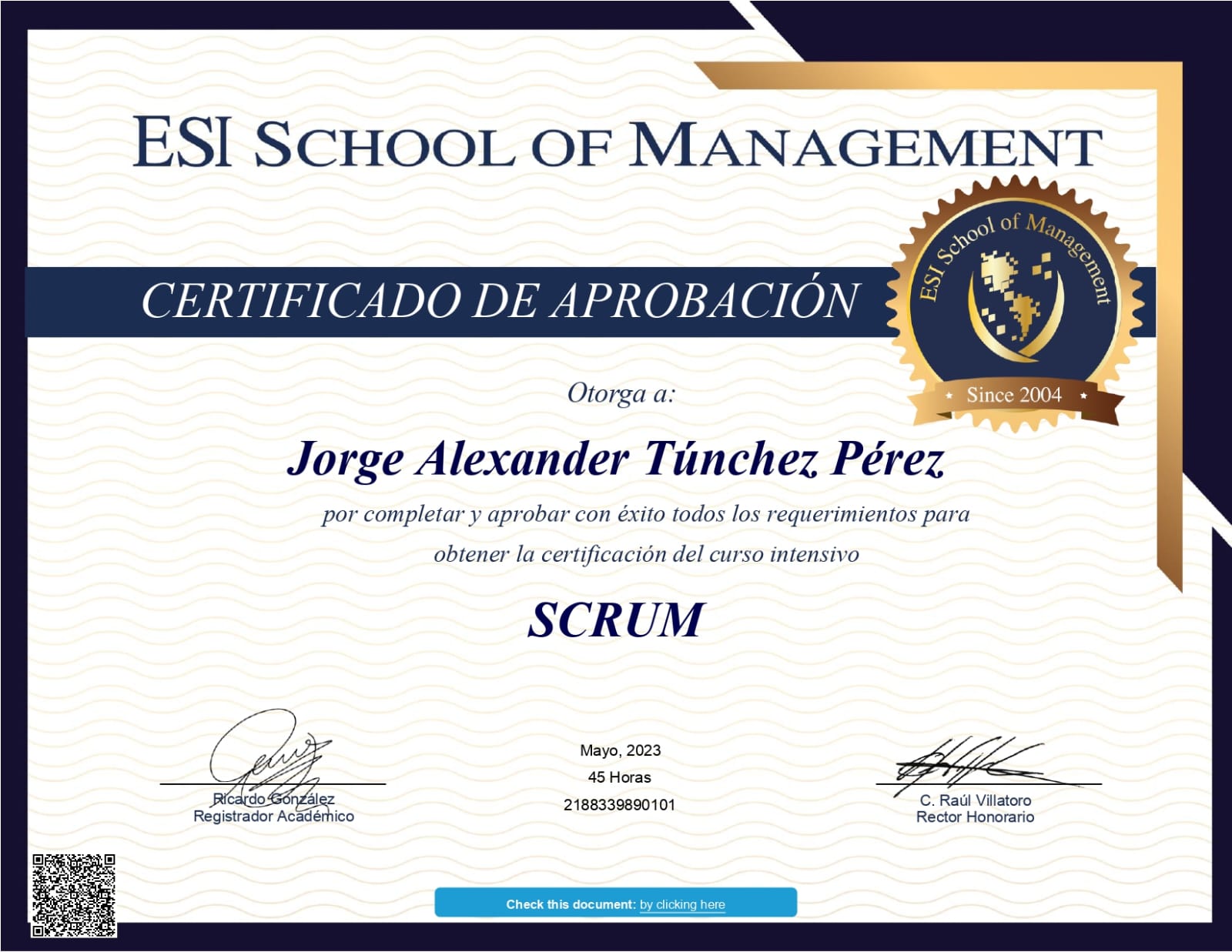 Certificado Aprobacion Curso Intensivo SCRUM
