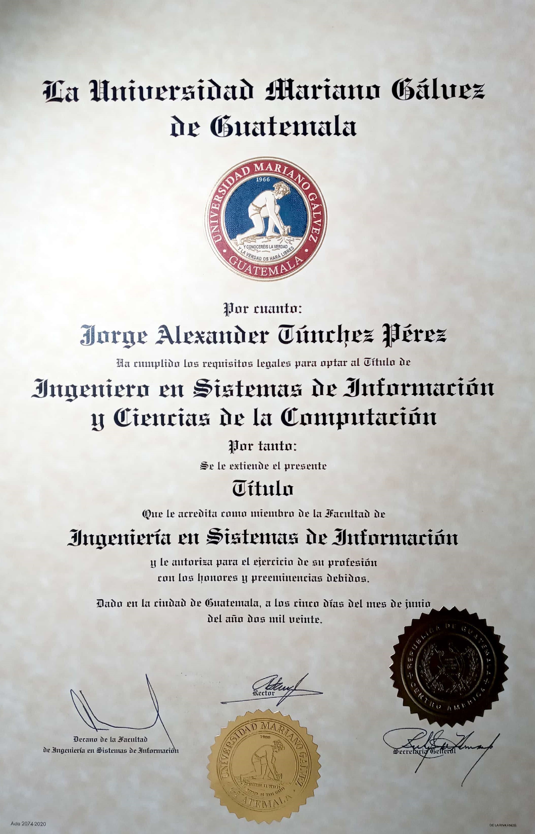 Titulo Ingeniero en Sistemas de la Informacion